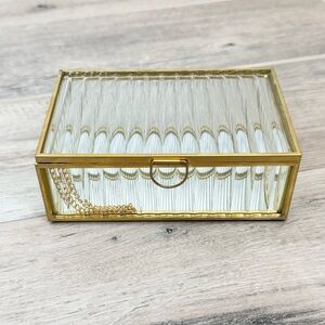 Fluted Ribbed Glass Jewelry Trinket Box with Gold Trim